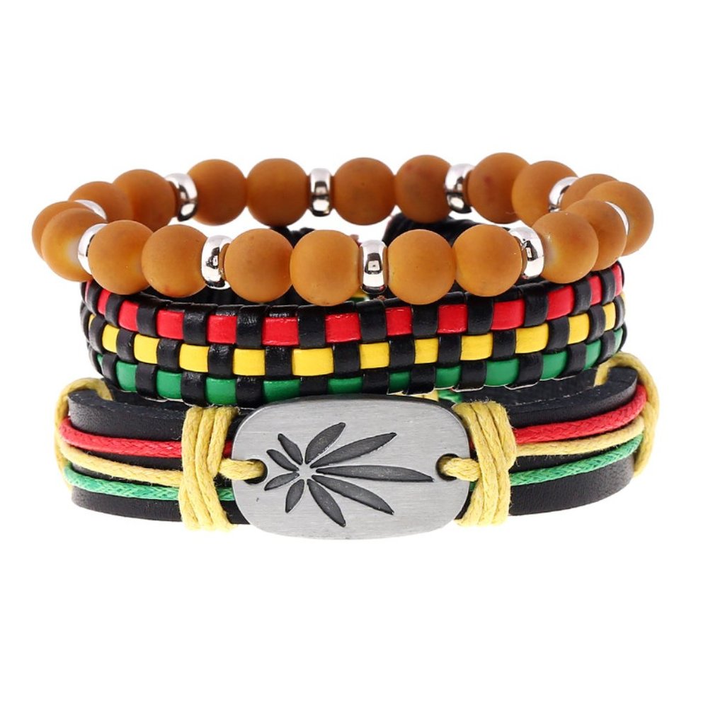 Woven Metal Maple Leaf Carved Leather Bracelets Set